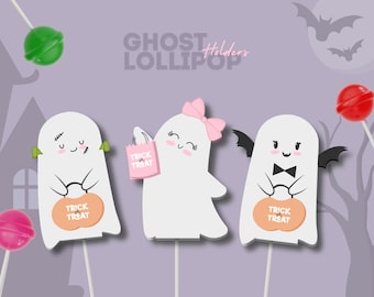 Printable Halloween Lollipop Holder, Trick or Treat Party Favor Ghost Lollipop Wrapper, Cute spooky Halloween candy, Instant Download