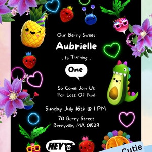 Hey Bear Birthday Invitation Digital Download, Dancing Fruit, Hey Bear Sensory Party, Custom Hey Bear
