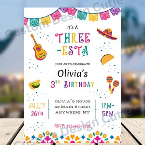 Verjaardagsuitnodiging drie-Esta, 3e verjaardagsfeest, Fiesta, digitale uitnodiging