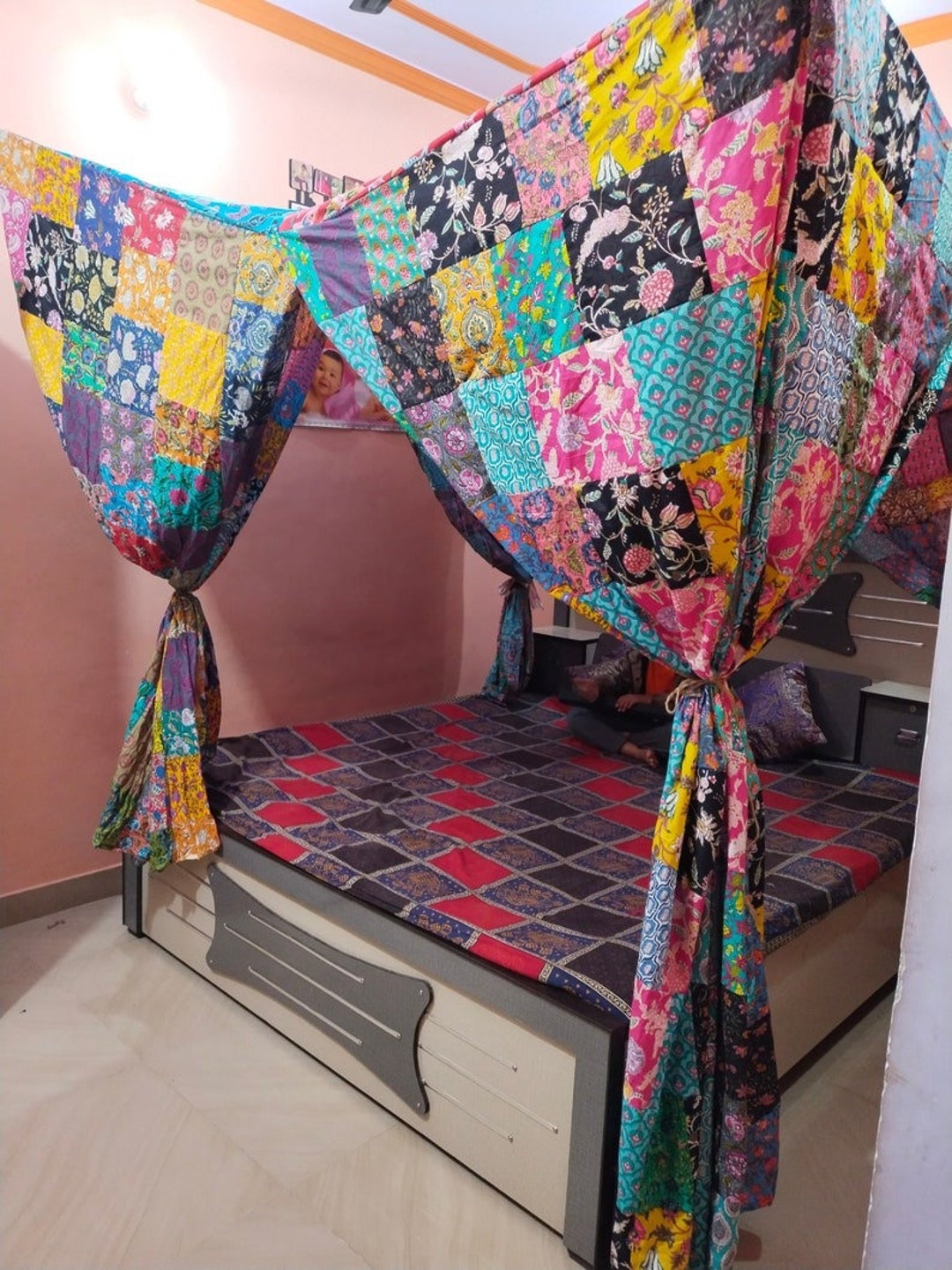 Multicolor Cotton Patch Work Bed Canopy Four Post Bed Canopy Etsy