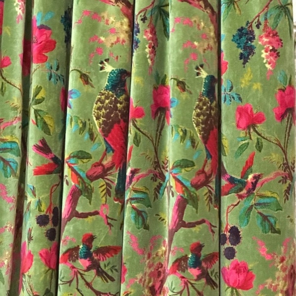 Vintage Cotton Velvet Olive Green Bird Print luxury Curtain, Boho Curtain, luxury Drapes Housewarming Gift.
