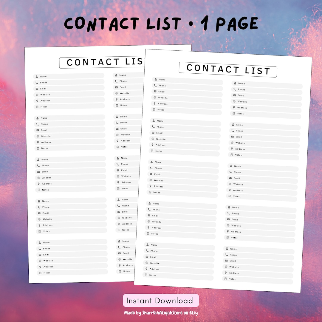 Printable Simple Contact List Template - Etsy