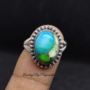 Oval Peacock Dahlia Turquoise Ring, 925 Sterling Silver,Handmade Gift, Silver Jewelry, Statement Ring Christmas Gift Women Ring Gift Fir Her