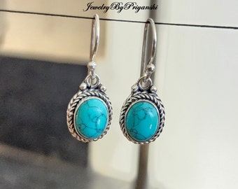 Pendiente de turquesa natural, plata de ley 925, pendientes colgantes hechos a mano de diseñador, pendientes de turquesa, piedra natal de diciembre, artículo de regalo