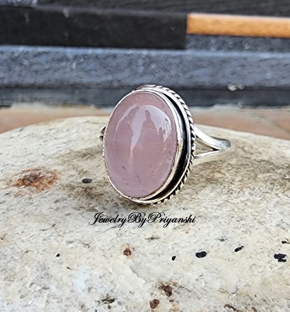 Bague Faite Main En Quartz Rose Ovale - Plaqué Argent - Taille US 7.75 - Bijou Unique D'Inde