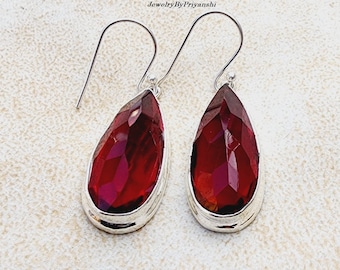 Dainty Teardrop Garnet Earrings: Handmade 925 Sterling Silver Bezel