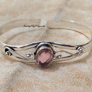 Handmade Rose Quartz Bangle: 925 Sterling Silver Adjustable Gemstone Jewelry