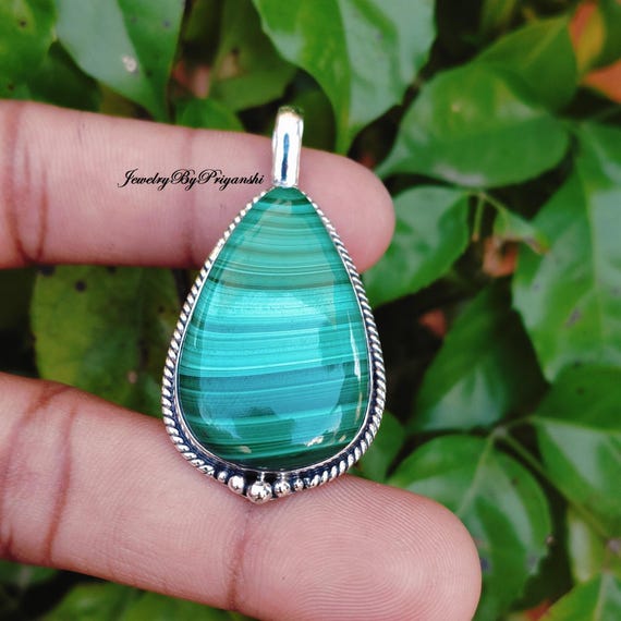 Pendentif Fait Main En Argent Sterling 925 Avec Malachite - Chaîne Réglable - Neuf Sans Emballage
