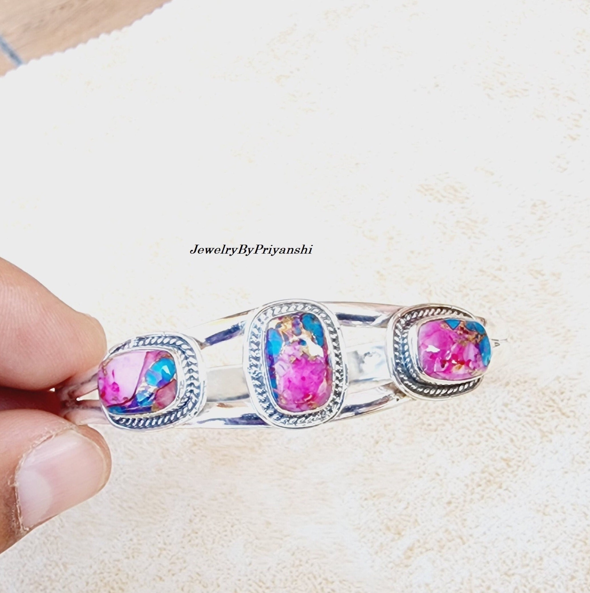 Pink Oyster Turquoise Bangle: Handmade 925 Sterling Silver Statement Jewelry