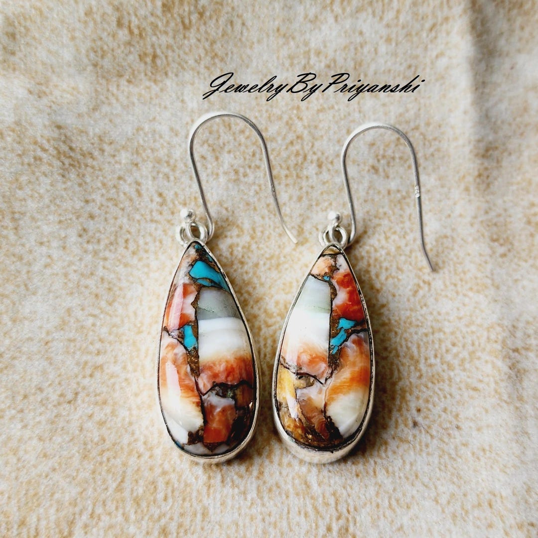 Boucles D'oreilles Pendantes Vintage - Style Sud-Ouest - Turquoise Et Huitre Epineuse