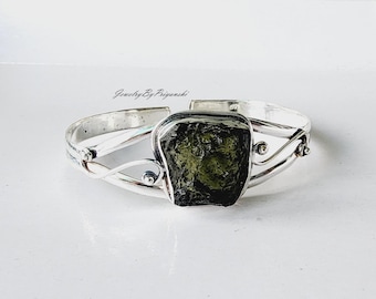 Genuine Moldavite Silver Bangle Bracelet: Healing Crystal Jewelry