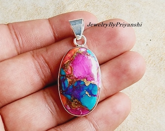 Handmade Pink Oyster Turquoise Pendant: Oval Sterling Silver Gemstone