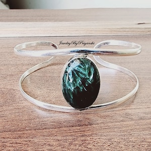 Handmade Seraphinite Gemstone Bangle: 925 Sterling Silver Jewelry