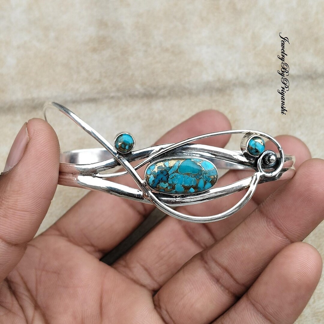 ブルーコッパーターコイズバングル：ハンドメイド925スターリング