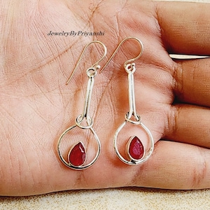 Handmade Pear Ruby Sterling Silver Earrings: Statement Jewelry
