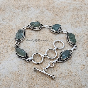 Raw Aquamarine 925 Silver Bracelet - Adjustable Gemstone Bracelet