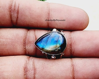 Natural Labradorite Ring-Blue Fire Labradorite Ring-Handmade Silver Ring-925 Sterling Silver Ring-Teardrop Labradorite Ring-Promise Ring