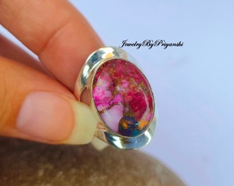 Pink Oyster Turquoise Sterling Silver Ring: Handmade Bohemian Jewelry