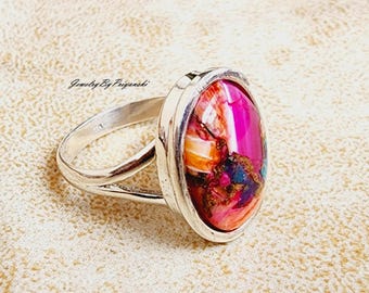 Pink Oyster Turquoise Ring: Bohemian Sterling Silver Gemstone Ring