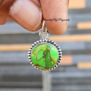 Green Copper Turquoise Pendant: Handmade Sterling Silver Boho Jewelry
