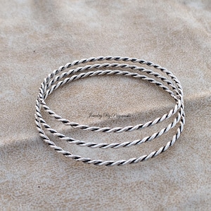Handmade Sterling Silver Bangle Set: Twisted Boho Bangles