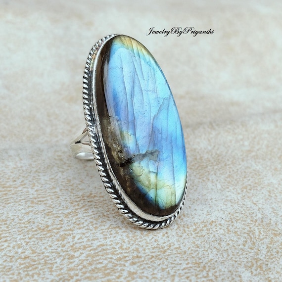 Starling Jewelry Julia Ring Blue Fire Labradorite Ring: Handmade