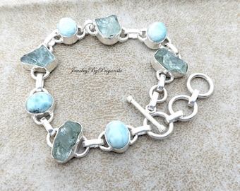 Handgemaakte larimar en aquamarijnarmband, sterlingzilveren sieraden
