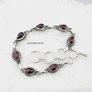 Handmade Garnet Bracelet: 925 Sterling Silver Chain Bangle