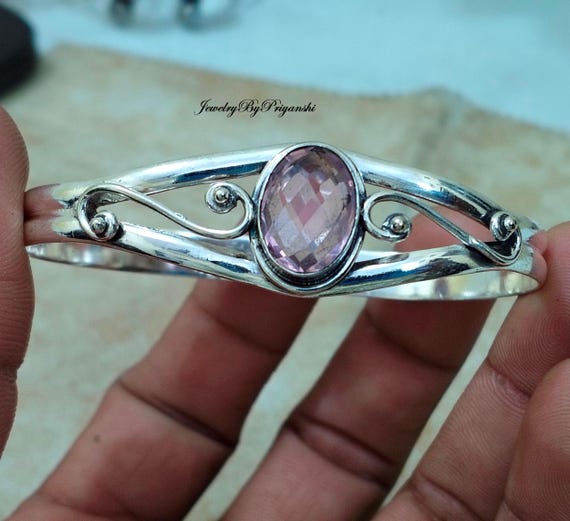 Bracciale Regolabile In Argento 925 Con Quarzo Rosa - Ciondoli In Pietra Naturale - Fatto A Mano India