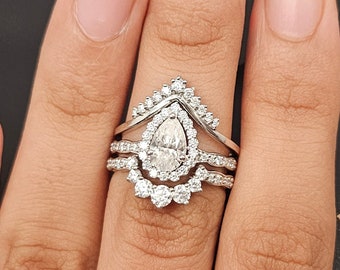 Vintage Pear Lab Grown Diamond Bridal Ring Set, Engagement Ring with Matching Wedding Bands, 14k Gold Stacking Ring Set, Handmade Jewelry