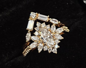 Vintage Bridal Ring Set, Marquise Lab Grown Diamond Stacking Wedding Set, Solid Gold Bridal Jewelry