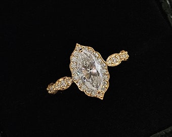 Anello di fidanzamento Marquise Diamond Halo in stile vintage, Anello personalizzato con diamante coltivato Marquise Lab certificato IGI, Anello in oro 14K per donna