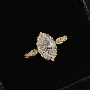 Vintage style Marquise Diamond Halo Engagement Ring, IGI Certified Marquise Lab Grown Diamond Personalized Ring, 14K Gold Ring for Women