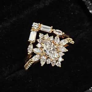 Vintage Bridal Ring Set, Marquise Lab Grown Diamond Stacking Wedding Set, Solid Gold Bridal Jewelry image 1