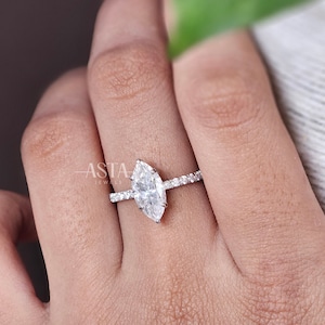 1.10ct Lab Grown Diamond Marquise Engagement Ring, 14K White Gold Pave band Wedding Ring, Handmade Bridal Jewelry