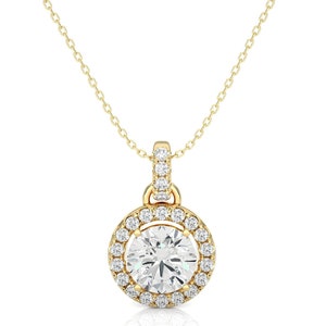 Vintage Round Lab Grown Diamond Necklace, Solid Gold Floating Halo Pendant for Girlfriend, Handmade Jewelry Bridesmaid Gift