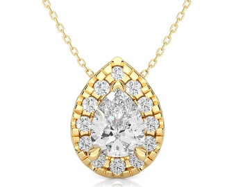 Classic Pear Lab Grown Diamond Pendant for Her, Solid Gold Halo Diamond Necklace Everyday Jewelry,  Anniversary Gift for Her