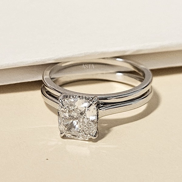 Cushion Lab Grown Diamond Solitaire Engagement Ring for Women, 14k Solid Gold Wedding Ring Set, Handmade Bridal Ring Set