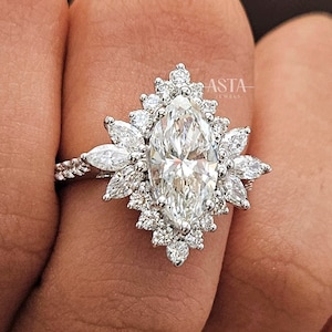 Vintage Engagement Ring, Marquise Diamond Ring for Women, Solid Gold Lab Grown Diamond Unique Ring Anniversary Gift for Her