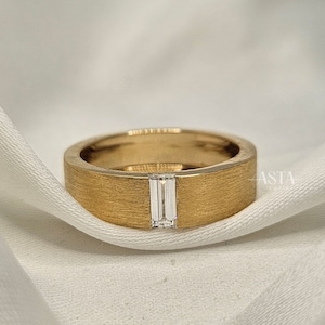 14K Solid Gold Brushed Wedding Ring, Męska złota obrączka ślubna, Męska polerowana obrączka bagietkowa, Męski pierścionek zaręczynowy, Męski pierścionek rocznicowy