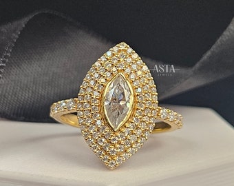 Antico anello di fidanzamento con diamante coltivato Marquise Lab, anello nuziale unico in oro massiccio per donne, gioielli vintage fatti a mano