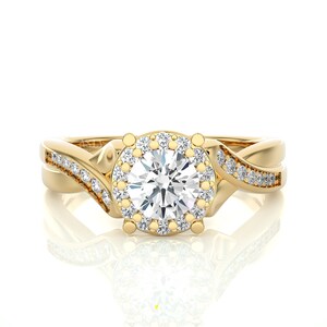 Classic Round Lab Grown Diamond Halo Engagement Ring, Solid Gold twisted Band Wedding Ring for Women, Personalized Anniversary Gift For Her