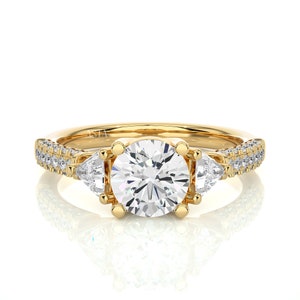 Round Lab Grown Diamond Three Stone Engagement Ring, Solid Gold Wedding Ring for Women, Trillion Diamond Ring for Girlfriend