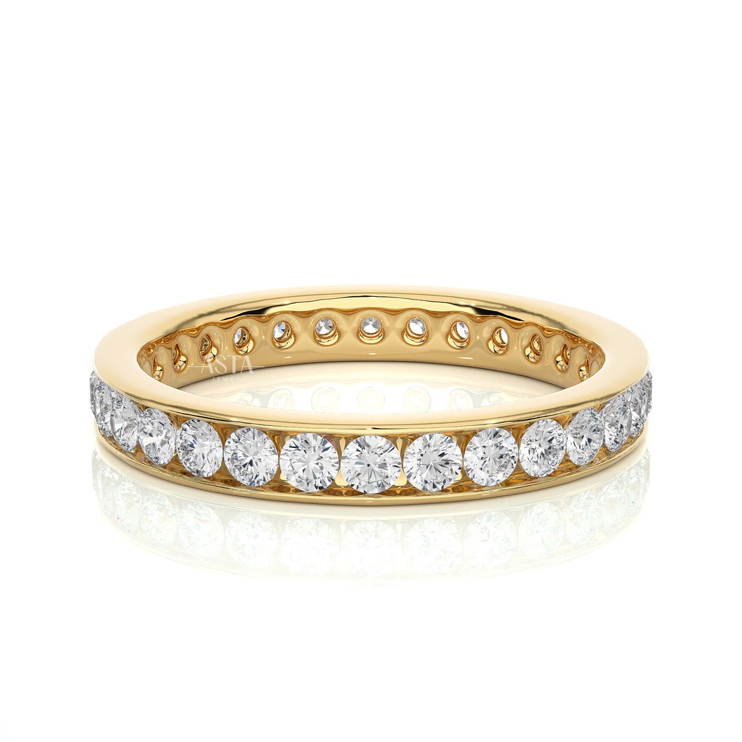 Channel Set Round Lab Grown Diamon Stacking Ring for Women, Solid Gold ...