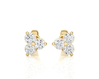 Designer Round Diamond Earrings for Women, Solid Gold Stud Earrings, Minimalist Earrings Anniversary Gift for Her