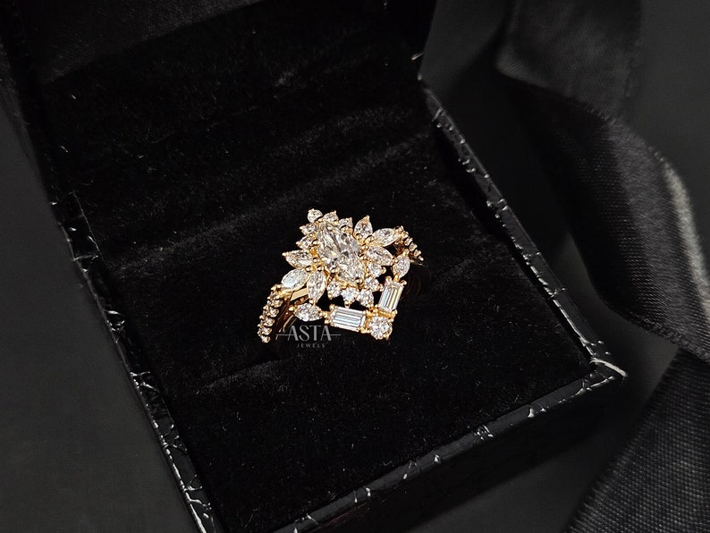 Vintage Bridal Ring Set, Marquise Lab Grown Diamond Stacking Wedding Set, Solid Gold Bridal Jewelry image 7