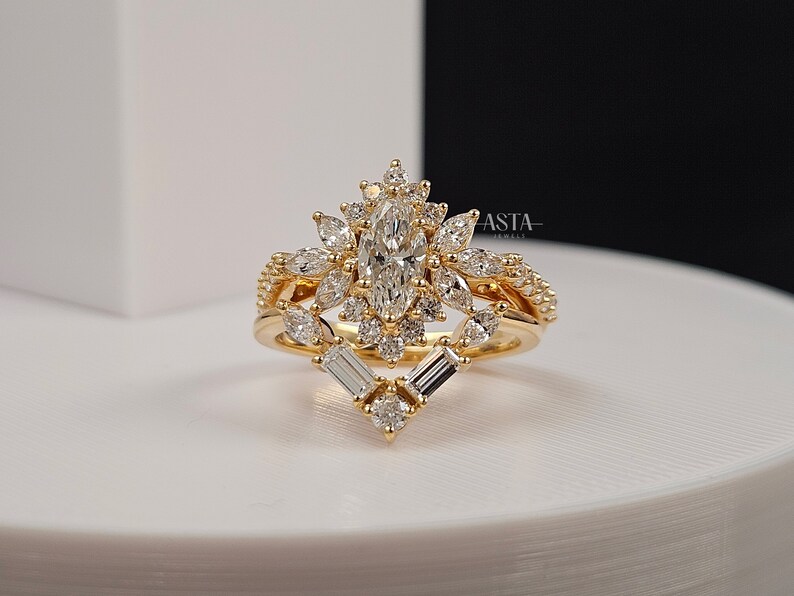 Vintage Bridal Ring Set, Marquise Lab Grown Diamond Stacking Wedding Set, Solid Gold Bridal Jewelry image 2