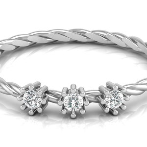 14K Solid Gold Twist Rope Stackable Ring, Brilliant Cut Round Dainty Diamond Ring, 18K Gold Unique Stackable Ring, Lab Grown Diamond Ring