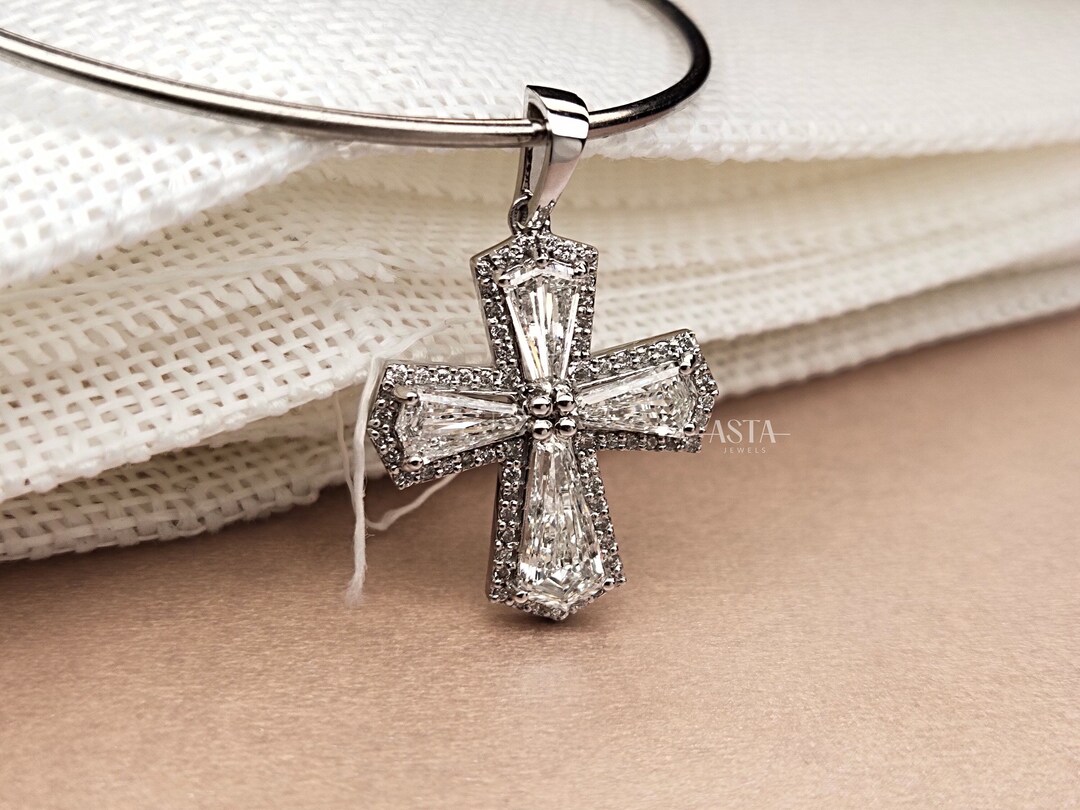 14k Solid Gold Diamond Cross Necklace, Diamond Pendant Necklace for