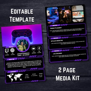 Mediakit voor 2 pagina's en tariefkaart, Gamer Media Kit, Influencer, Content Creator, Twitch Streamer, Bewerkbare Canva, Zwart, Social Media-sjabloon